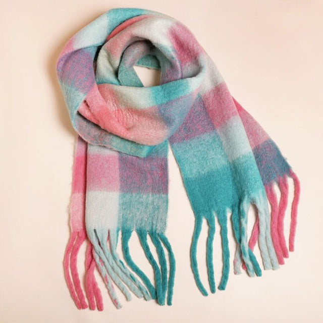 Pink and Auqa Blue Check Winter Scarf