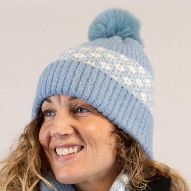 Pastel Blue and White Scandi Flower Pattern Bobble Hat