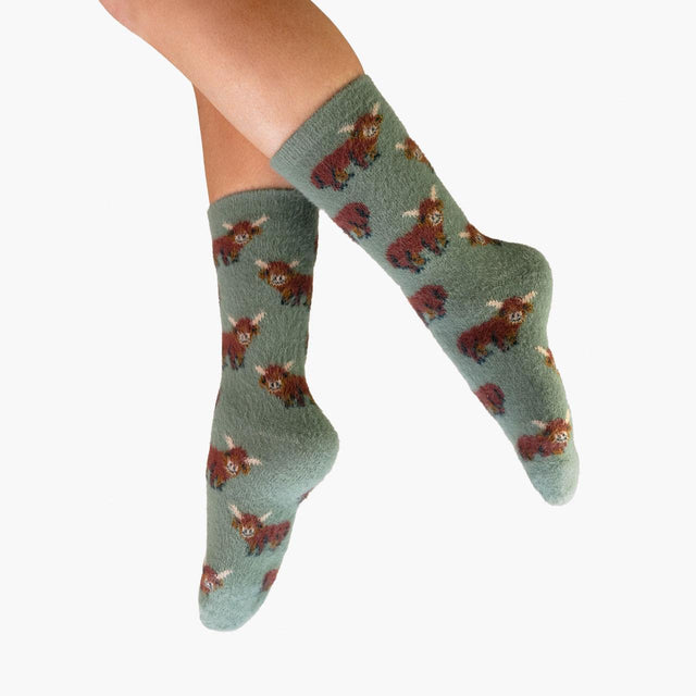 Green Highland Cow Fuzzy Women's Socks