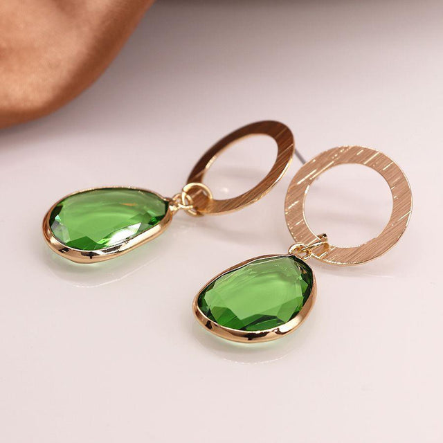 Brushed Faux Gold Hoop Studs with Green Glass Crystal Drops
