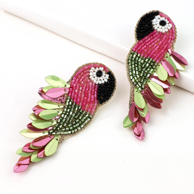 Fuschia and Lime Parrot Beaded Drop Earrings