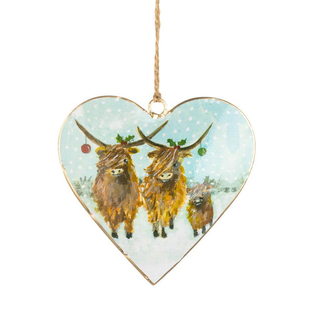 Three Coos Heart Shaped Flat Metal Bauble Decoration