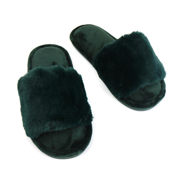 Bottle Green Faux Fur Slippers - Small to Medium