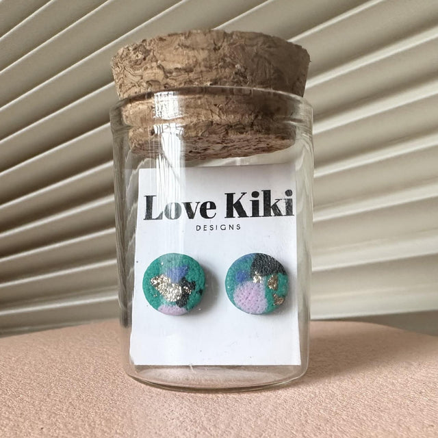 Teal and Multi Coloured Speckles Disk Stud Earrings in Jar