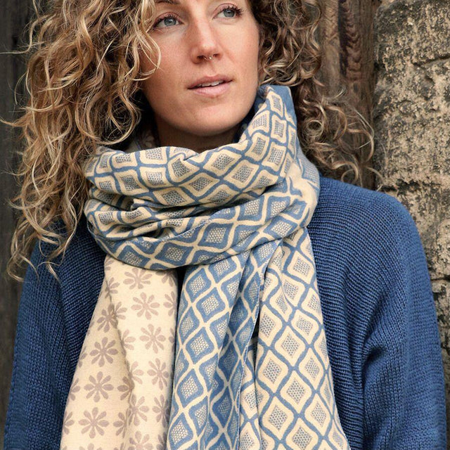 Blue, Grey and Beige Patch Tile Print  Jacquard Scarf