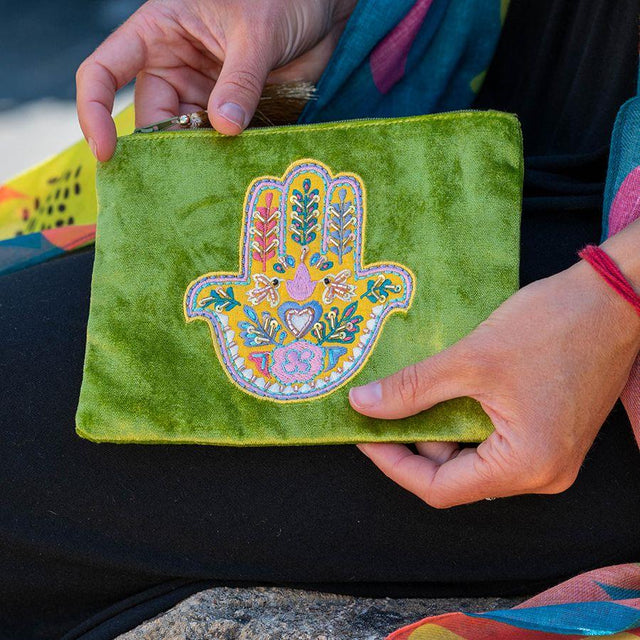 Pom Boutique Embroidered Hand of Fatima Green Velvet Purse
