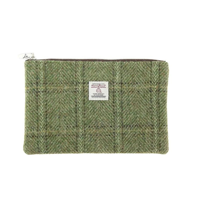 Harris Tweed Green Herringbone with Overcheck Berneray Zip Pouch
