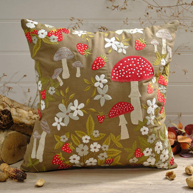 Embroidered Toadstool with Flowers Square Cushion
