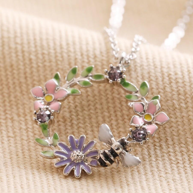 Lisa Angel Crystal Flower and Enamel Bee Pendant Necklace in Silver