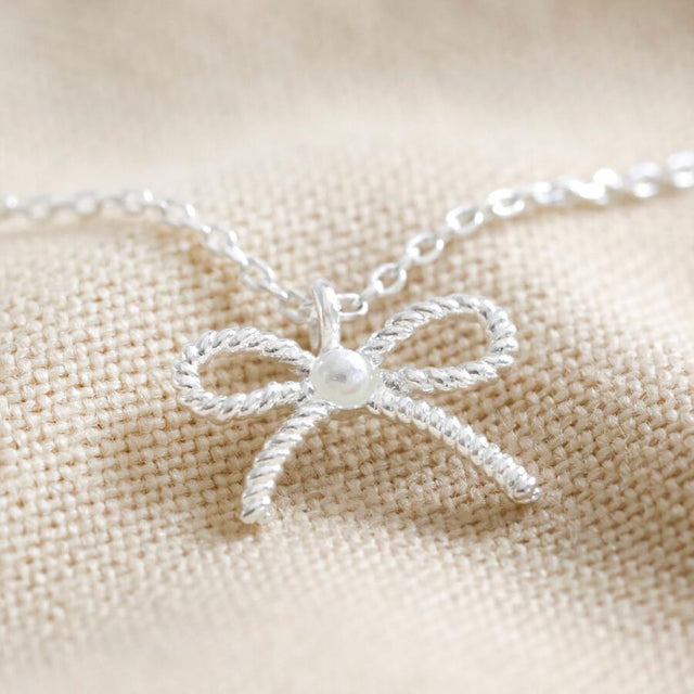 Silver Tiny Pearl Bow Necklace