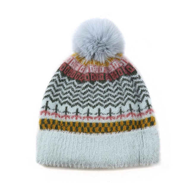 Pale Blue and Mustard Multi Pattern Hat With Faux Fur Pompom