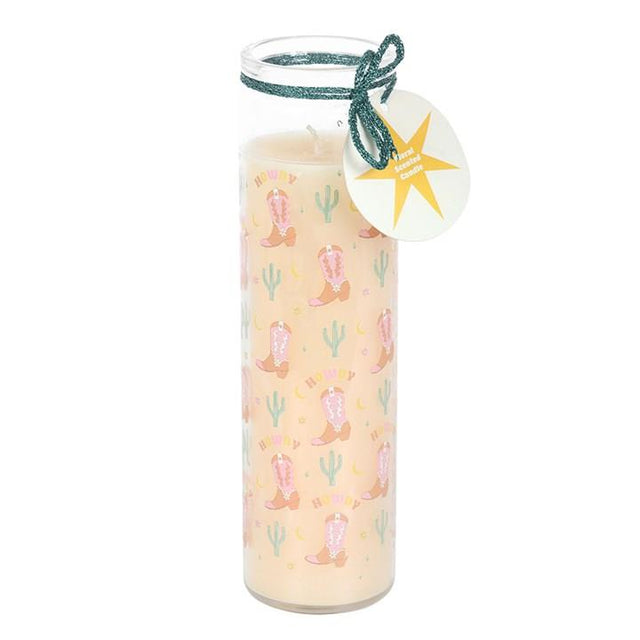 Howdy Cowboy Boot Print Floral Tube Candle Close Up