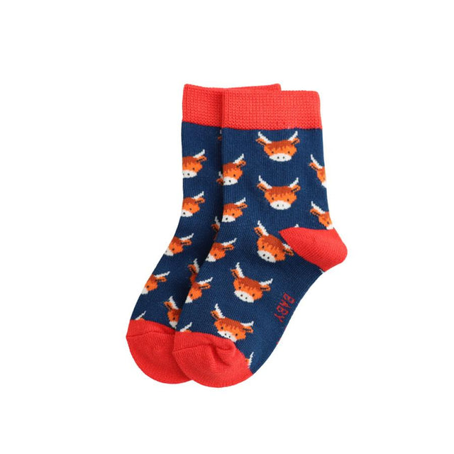 Navy Highland Cow Baby Socks