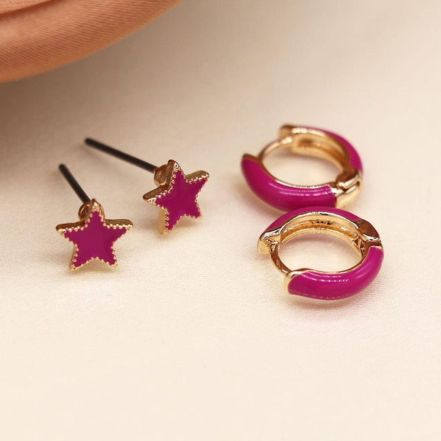 Pink Enamel Star and Hoop Earring Set