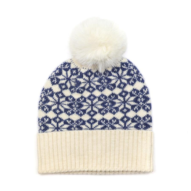 Blue & Cream Mix Scandi Star Flower Hat With Faux Fur Pompom