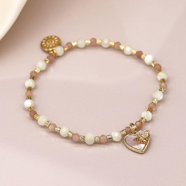 Semi Precious Stone Bracelet with Heart and Bee Charm