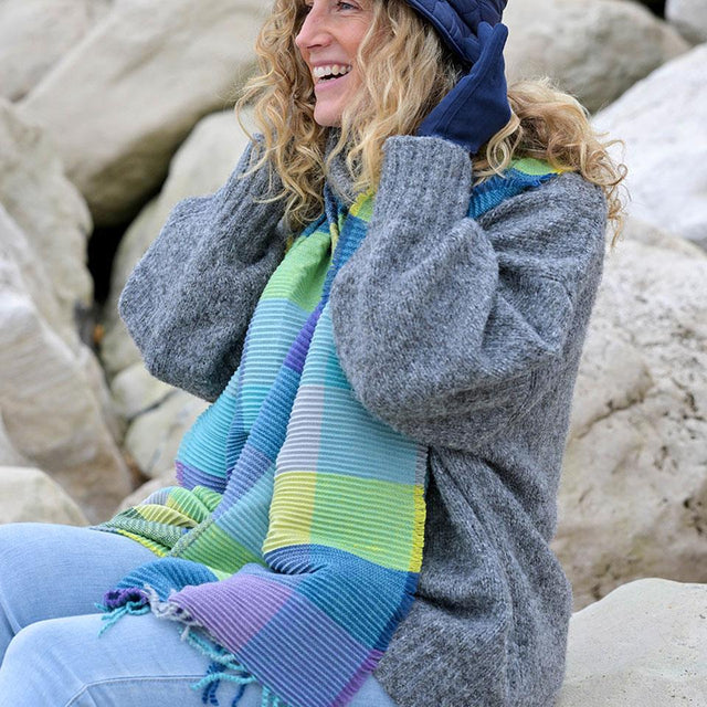 Blue and Lime Mix Crinkle Scarf with Tassel Fringe