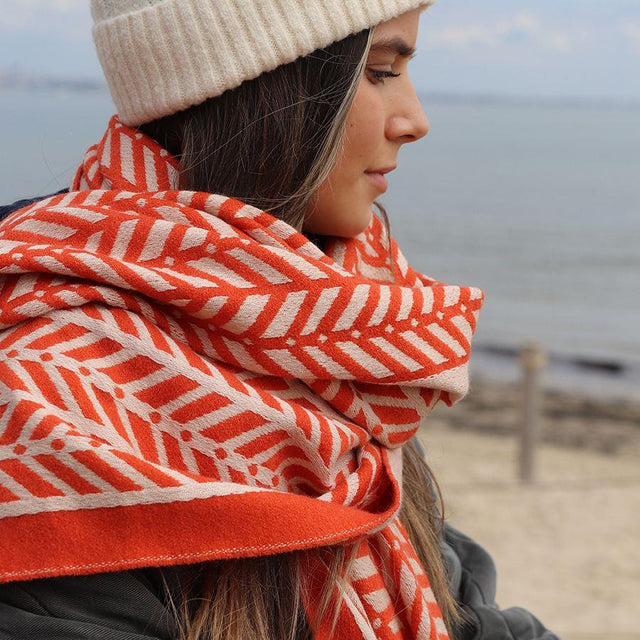 Orange and Ecru Chevron Pattern Jaquard Scarf