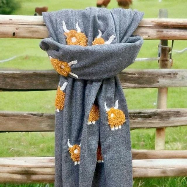 Charcoal Grey Scarf with Mohair Highland Cow Embroidery