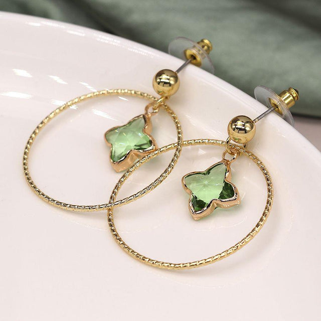 Faux Gold Stud Earrings with Hoop and Green Star Stone
