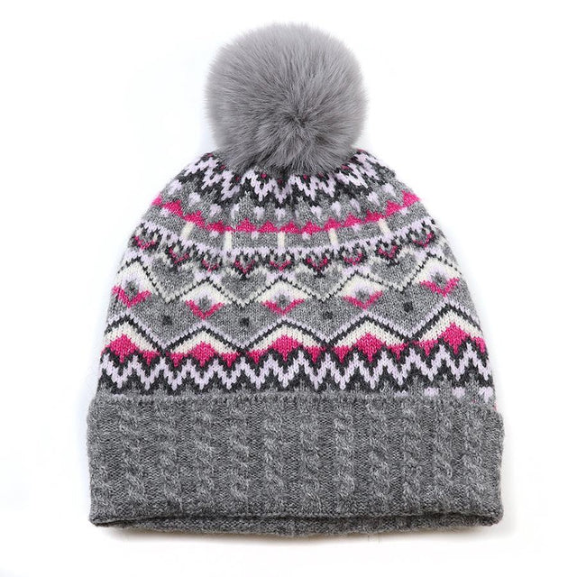 Grey Mix Fairisle Hat With Faux Fur Pompom