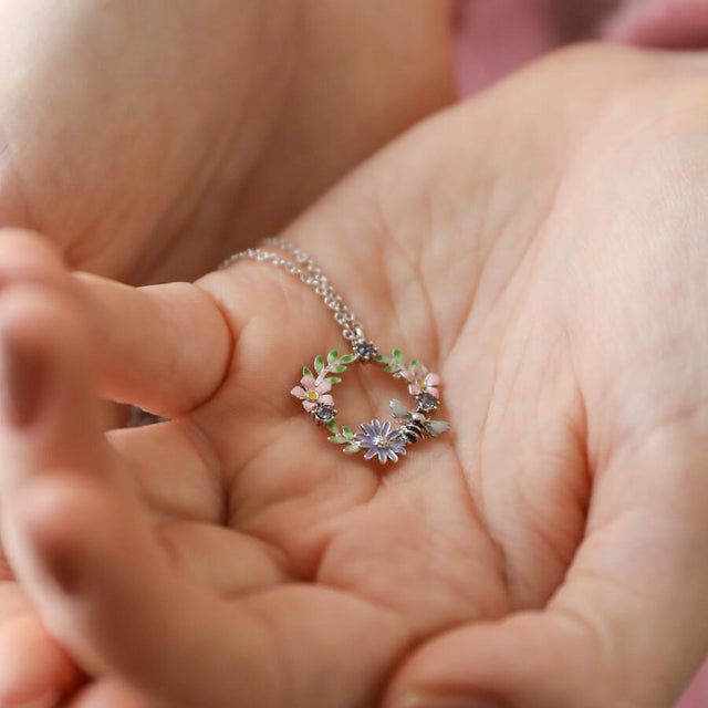 Lisa Angel Crystal Flower and Enamel Bee Pendant Necklace in Silver Close Up