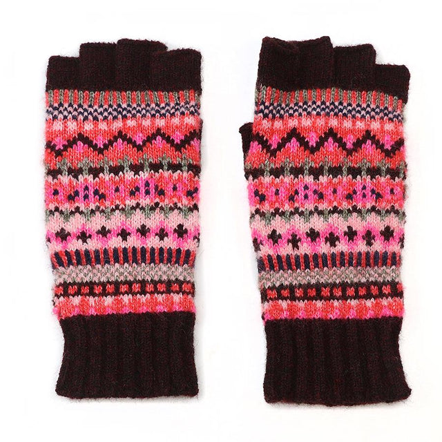 Wine and Pink Mix  Fairisle Knit Fingerless Gloves