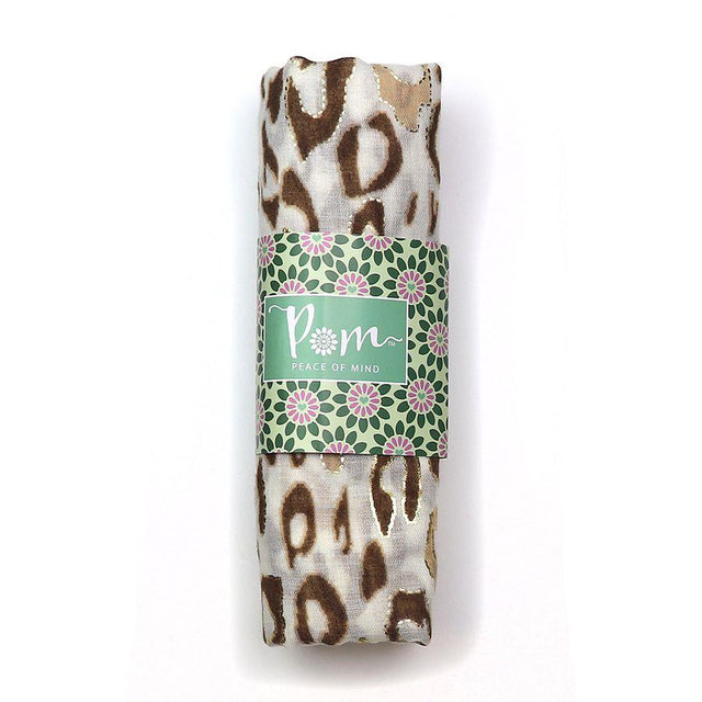 Beige Mix Animal Print Scarf with Foil Overlay Rolled Up in Packaging