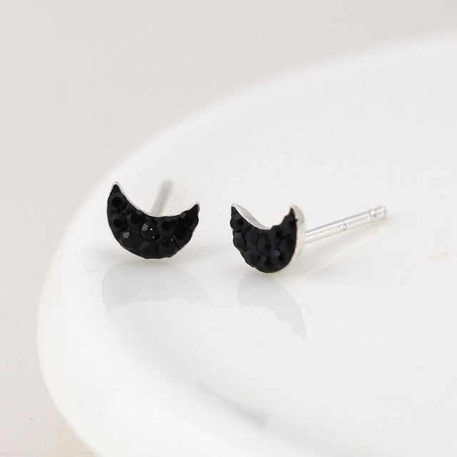 Silver Half Moon Crystal Stud Earrings