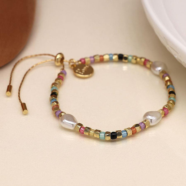Pearl and Multi Colour Glass Bead Bracelet