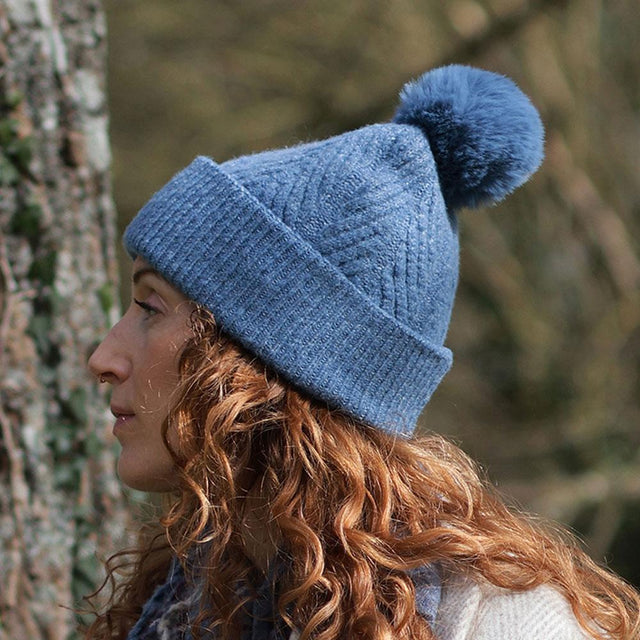 Denim Blue Herringbone Knit Bobble Hat