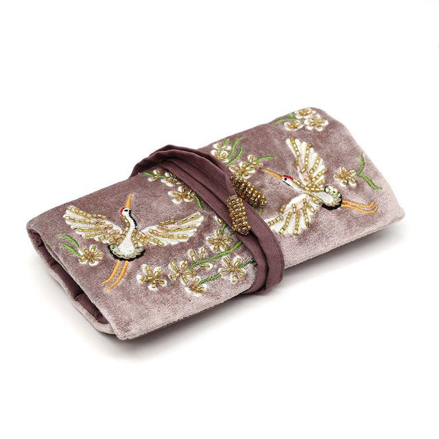 Pom Boutique Mink Crane Embroidered Velvet Jewellery Roll