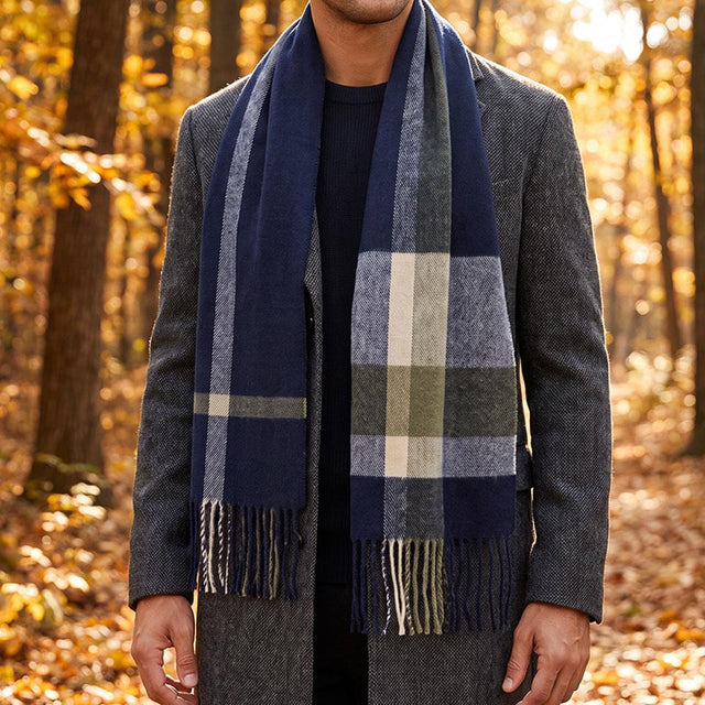 Navy and Khaki Check Men's Scarf