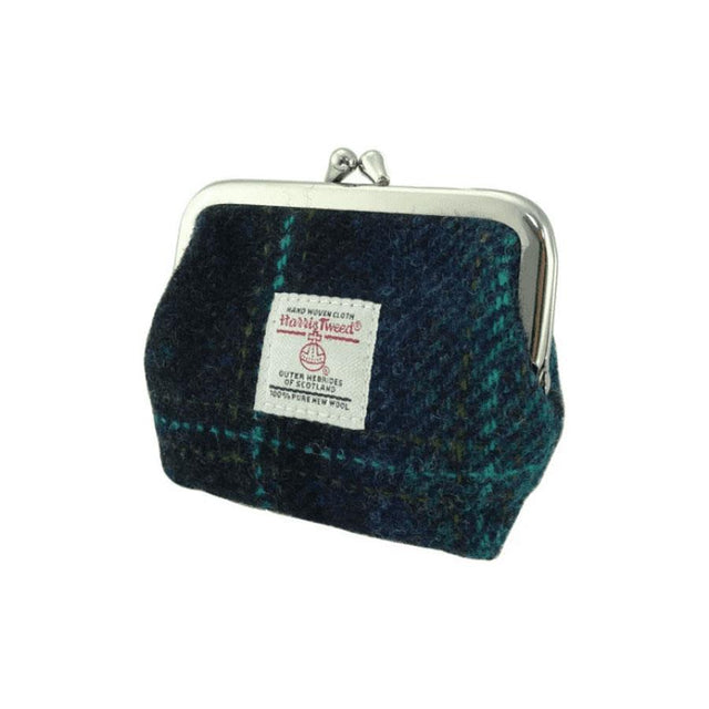 Harris Tweed Eigg Clasp Purse in Blue with Turquoise Overcheck