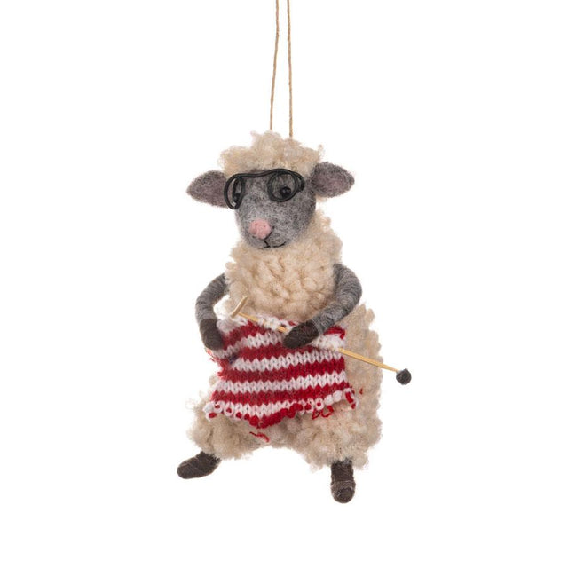 Shoeless Joe Knitting Sheep Felt Hanging Decoration