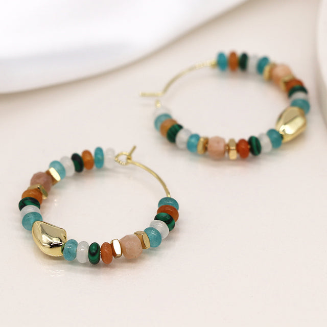 Pom Boutique Faux Gold Aqua and Coral Pebble Beaded Creole Hoop Earrings