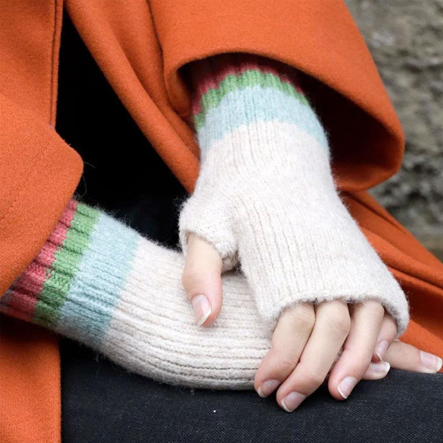 Beige, Red & Green Striped Knitted Wrist Warmers