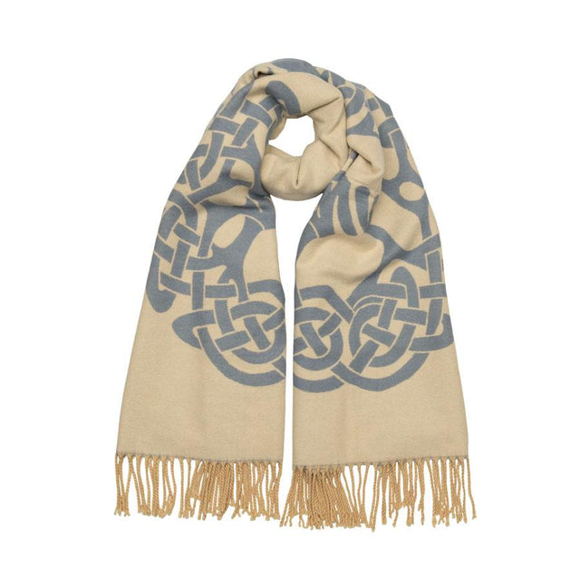 Beige and Slate Blue Celtic Tree of Life Jacquard Scarf