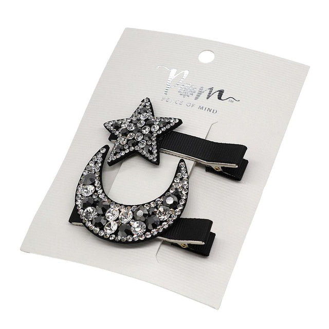 Black Crystal Moon & Star Hair Clips Set