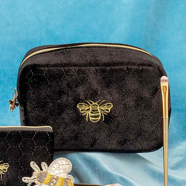 Black Embroidered Bee Make Up Bag