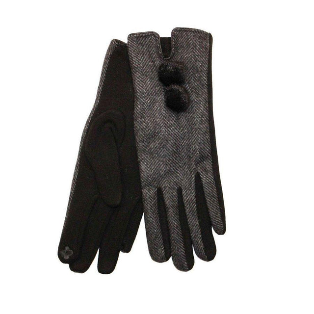 Black and Grey Herringbone Pom Pom Gloves
