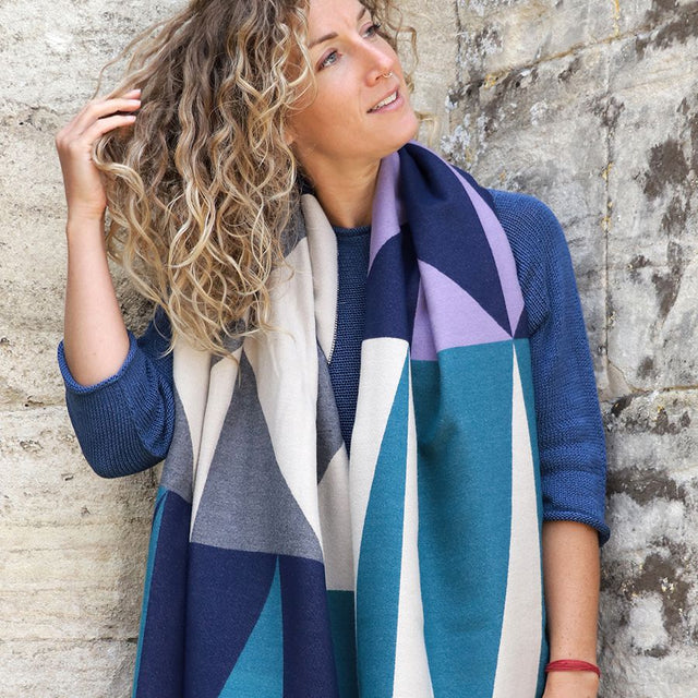 Teal, Navy and Ecru Colour Block Jacquard Scarf Pom Boutique