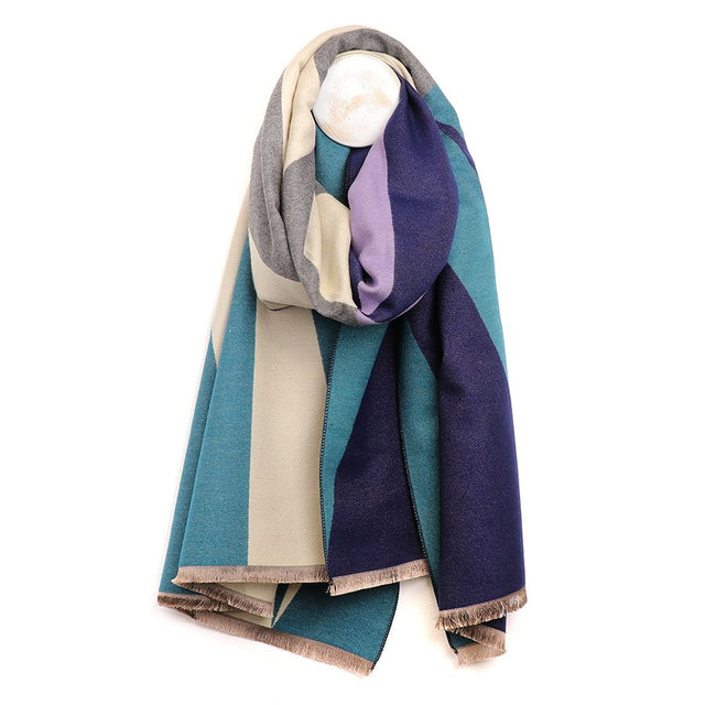 Teal, Navy and Ecru Colour Block Jacquard Scarf Pom Boutique