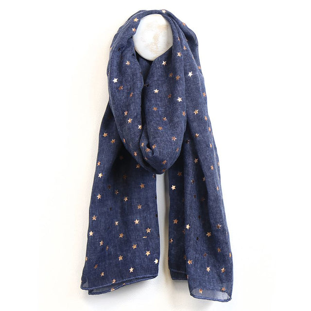 Navy Scarf with Foiled Star Print Pom Boutique