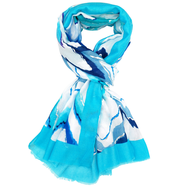 Blue and Turquoise Silver Foiled Wave Print Scarf