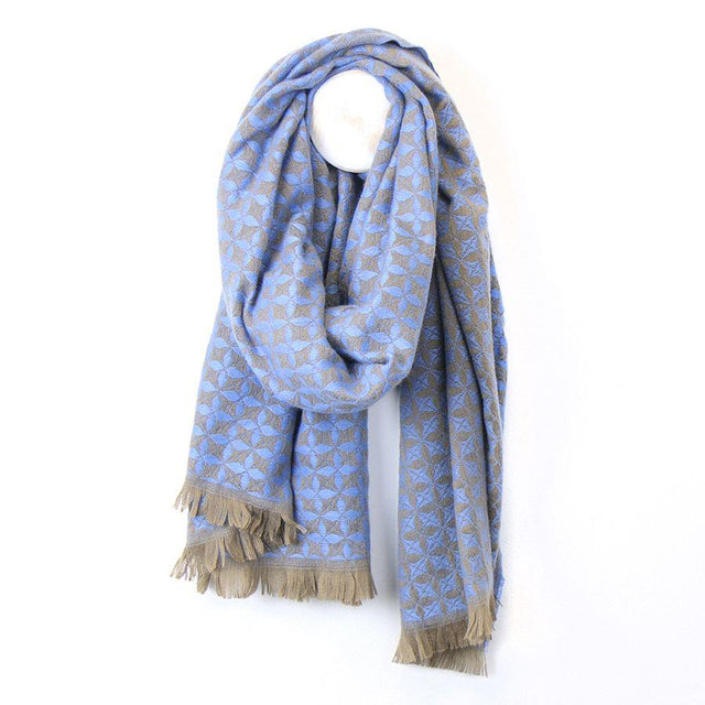 Blue and Taupe Geometric Weave Scarf Pom Boutique