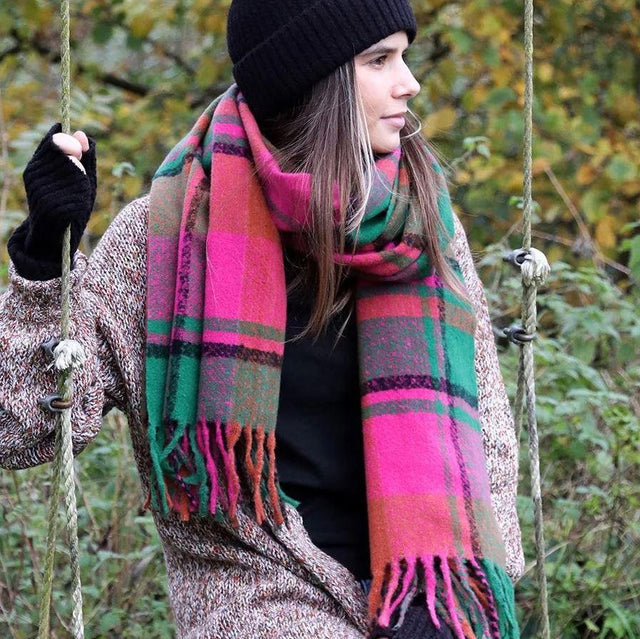 Bright Pink & Green Scarf with Twist Fringe Pom Boutique