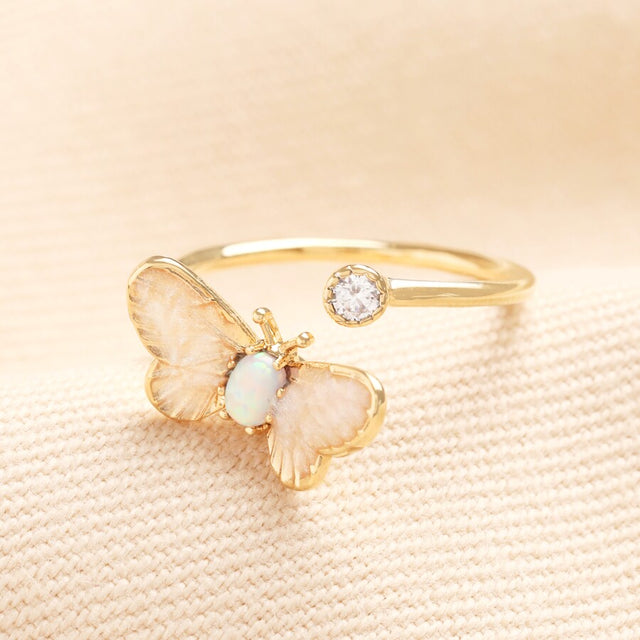 Adjustable Opal Butterfly and Crystal Ring in Gold