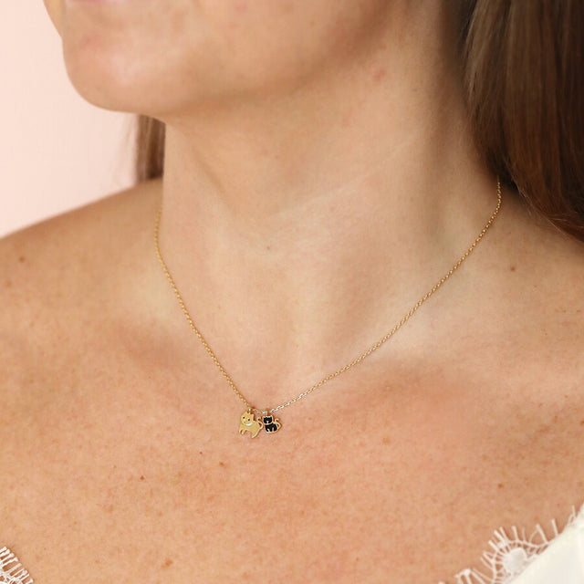 Lisa Angel Mum and Baby Cat Necklace in Gold on Model