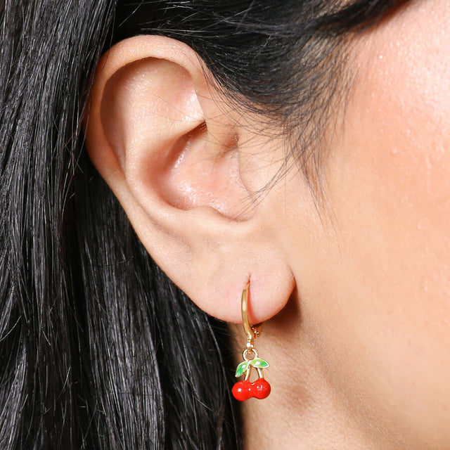 Lisa Angel Red Cherry Huggie Hoop Earrings on Model